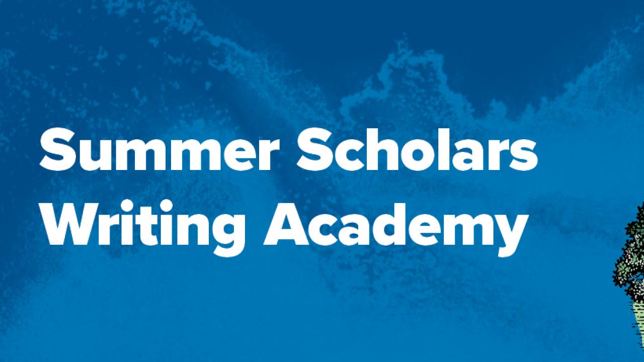 The words Summer Scholars Writing Academy on a blue background